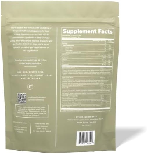 Rookie Wellness Greens + Superfoods - Greens Superfoods Powder Drink Made with Whole Food Sourced Ingredients Contains Vitamins, Probiotics, Antioxidants, and Baobab Fiber (30 Servings, Crisp Apple)