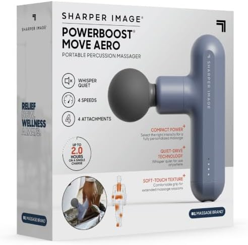 Sharper Image Powerboost Move Aero 3.0 – Mini Percussion Massage Gun| Updated Soft-Touch Design, Carrying Bag, 4 Nodes| Portable Full Body Back & Shoulder Massager| Deep Tissue Massage Tool Gift