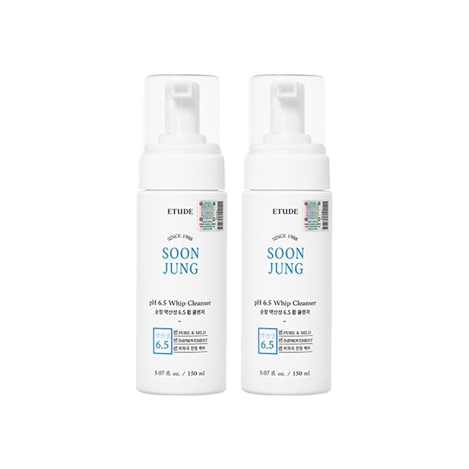ETUDE Soonjung pH 6.5 Whip Cleanser 1+1 Set, Face Wash for Sensitive Skin, Soft Bubble, Hypoallergenic Cleansing, Low pH Level, Fragrance-Free, Panthenol, Madecassoside, Korean Skin Care (10.14 Fl Oz)