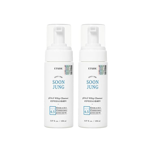 ETUDE Soonjung pH 6.5 Whip Cleanser 1+1 Set, Face Wash for Sensitive Skin, Soft Bubble, Hypoallergenic Cleansing, Low pH Level, Fragrance-Free, Panthenol, Madecassoside, Korean Skin Care (10.14 Fl Oz)