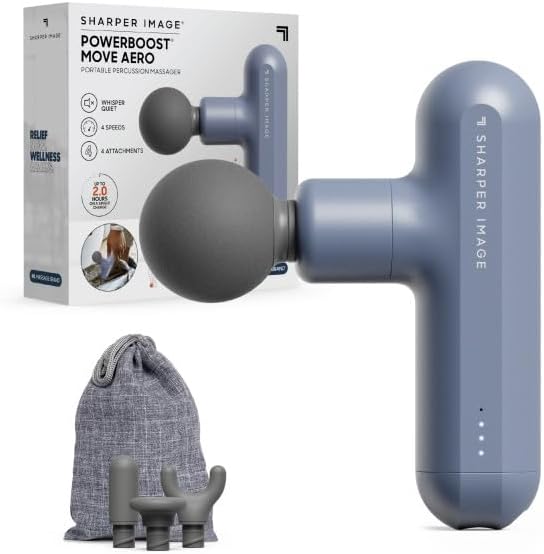 Sharper Image Powerboost Move Aero 3.0 – Mini Percussion Massage Gun| Updated Soft-Touch Design, Carrying Bag, 4 Nodes| Portable Full Body Back & Shoulder Massager| Deep Tissue Massage Tool Gift