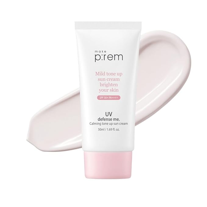 MAKE P:REM UV Defense Me. Calming Tone Up Sunscreen, Non-Nano Zinc Oxide, Reef Safe, Chemical Free, Non-Greasy, SPF 50, Korean Sunscreen,1.69 fl oz, 50ml