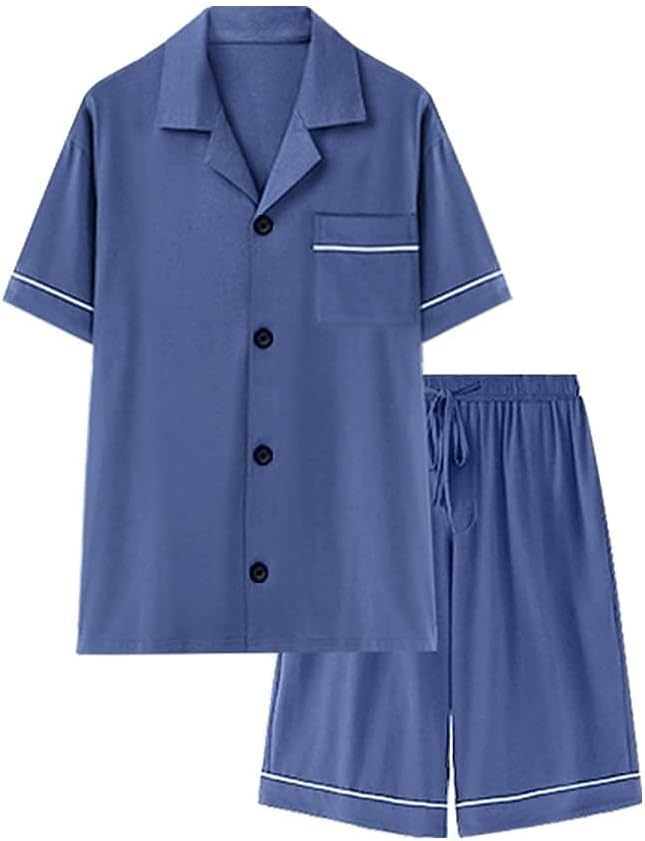 COLORFULLEAF Men's 100% Cotton Short Sleeve Pajama Sets Button Down Notched Collar Sleepwear Soft Lounge Pjs with Pockets