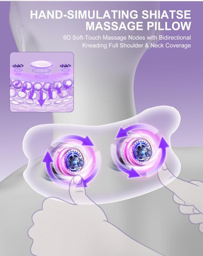 Shiatsu Neck Massager with Heat, Electric Deep Tissue Kneading Massage Pillow with 10 Minute Timer for Full Body Muscle Pain Relief, Cordless Portable Cervical Traction Device (Purple)