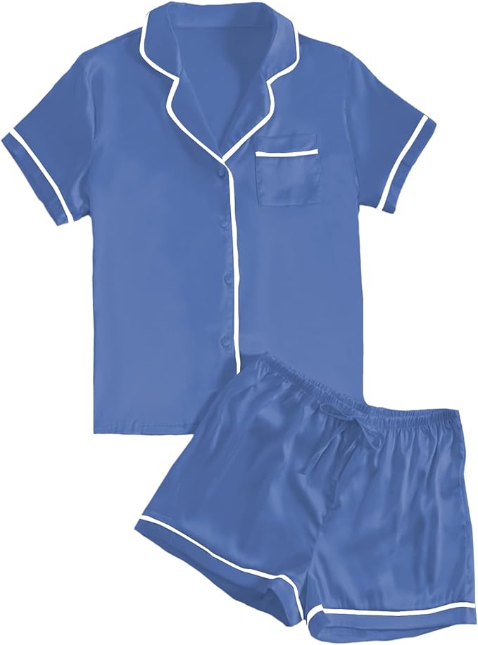 LYANER Women's Satin Silky Short Sleeve Button Shirt Sleepwear 2Piece Pajama Set