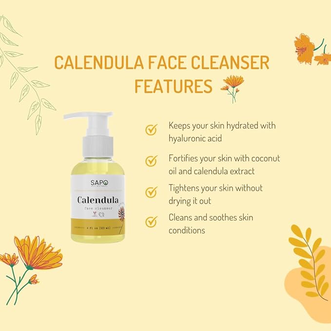 Sapo Calendula Face Cleanser - Gentle Creamy Facial Wash with Hyaluronic Acid, Coconut Oil and Glycerin - For Dry, Sensitive or Acne Prone Skin, 4 oz