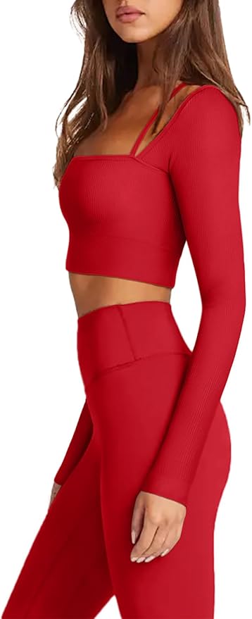 LASLULU Womens Sexy Square Neck Crop Top Ribbed Seamless Long Sleeve Workout Tops Halter Neck Athletic Yoga