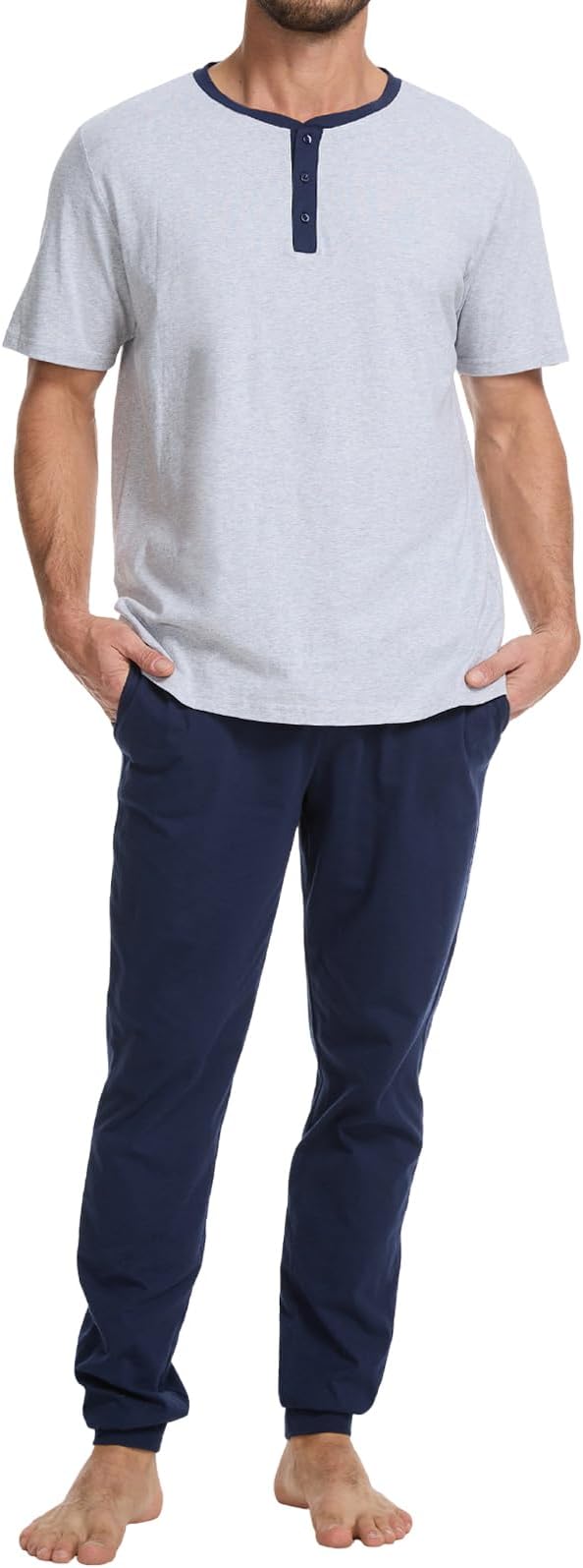 Men's Pajama Set with Henley Neckline 100% Cotton Soft and Comfortable Nightwear 2-Piece Lounge Set