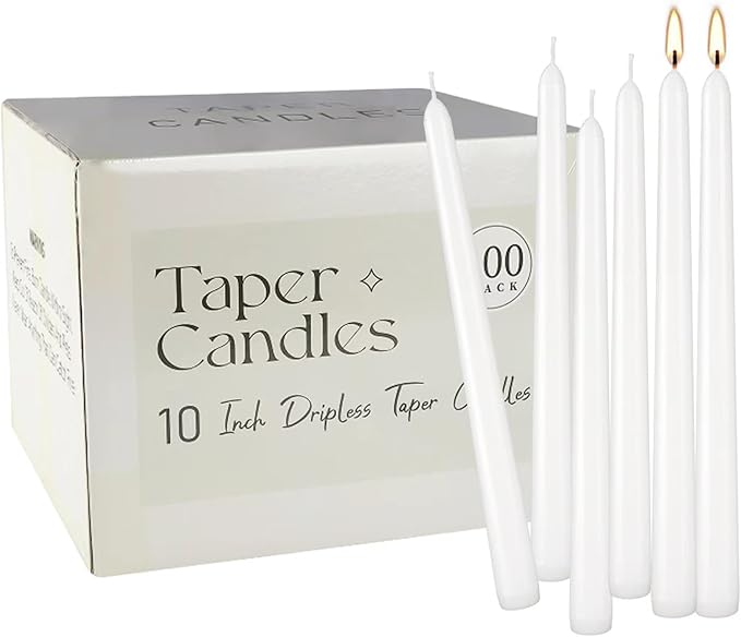 100Pack White Taper Candles, 7-8 Hours Burn Time, Unscented, Smokeless and Dripless, 0.75 x 10 Inch Dinner Candle Set for Household, Wedding, Party and Home Décor Candlesticks