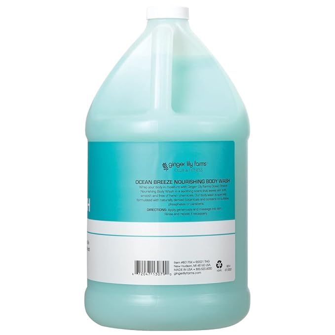 Ginger Lily Farms Club & Fitness Nourishing Body Wash, 100% Vegan & Cruelty-Free, Bath & Shower Gel for Men and Women, Ocean Breeze Scent, 1 Gallon (128 fl. oz.) Refill