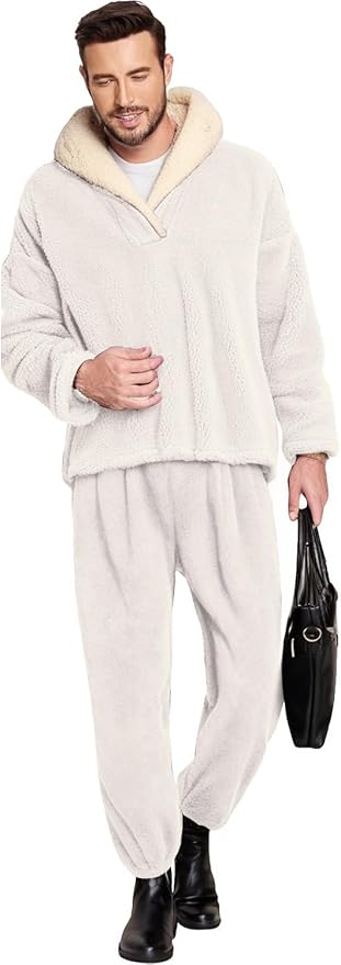 Peaceglad Mens Fluffy Coral Fleece Pajamas Set Pullover Pants Loose Plush Warm Loungewear Sleepwear
