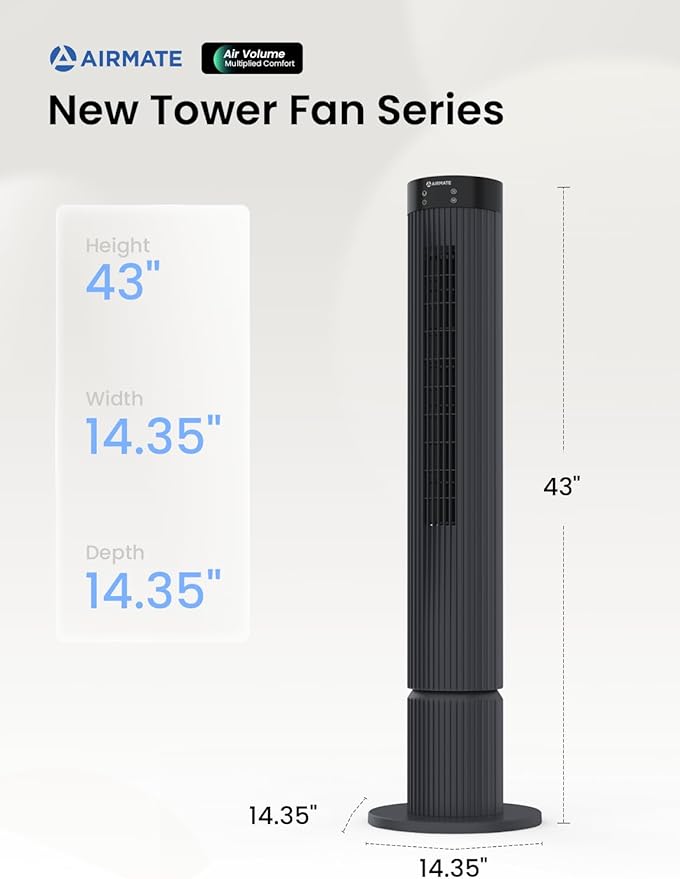 AIRMATE Super High Air Volume Tower Fan, 43" Height, 36 ft/s Velocity, 12 Speeds, 3 Mode, 12H Timer, Remote & Digital Display, 75° Oscillating Standing Fan with Upgraded Blower for Home & Office, Grey