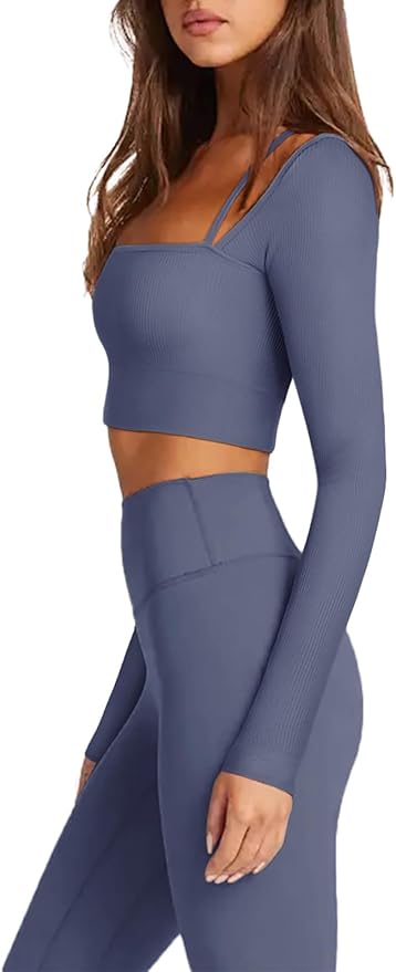 LASLULU Womens Sexy Square Neck Crop Top Ribbed Seamless Long Sleeve Workout Tops Halter Neck Athletic Yoga