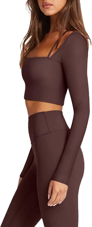 LASLULU Womens Sexy Square Neck Crop Top Ribbed Seamless Long Sleeve Workout Tops Halter Neck Athletic Yoga