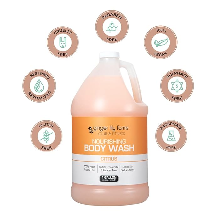 Ginger Lily Farms Club & Fitness Nourishing Body Wash, 100% Vegan & Cruelty-Free, Citrus Scent, 1 Gallon Refill (Pack of 4)