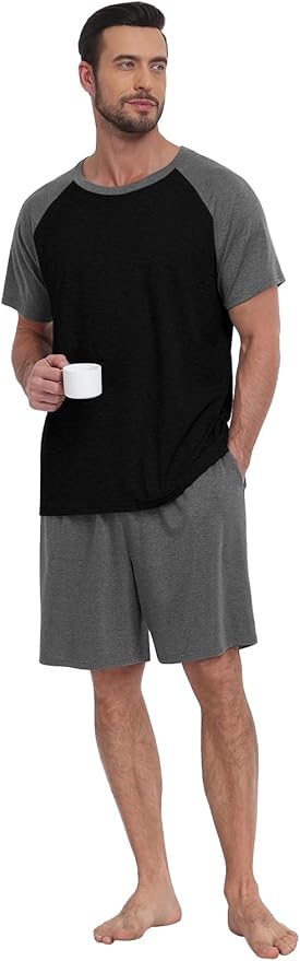 Mens Pajama Set Summer Pjs Sleepwear Lightweight Short Sleeve Pjs Soft Comfy Sleep Set With Pocket