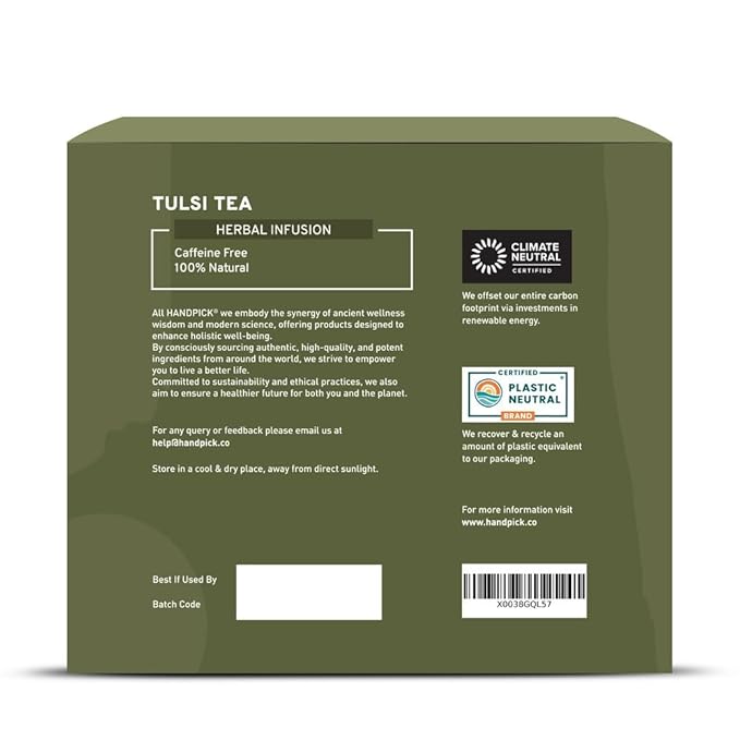 HANDPICK Original Tulsi Tea (100 count) Holy Basil Calming and Stress Relief Tea, Immune Support | Non-GMO, Caffeine-Free Herbal Tea | Ecofriendly Round Tea Bags