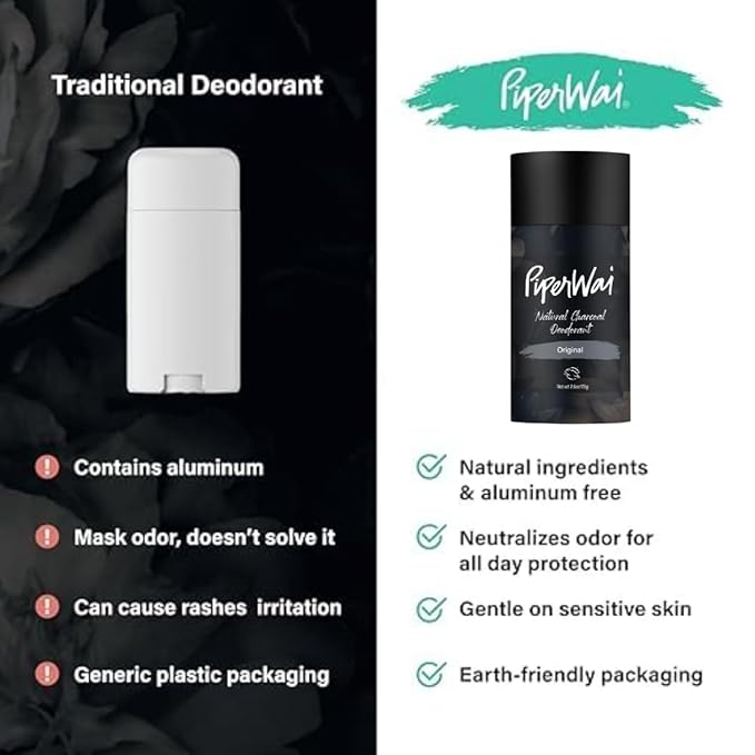 PiperWai Natural Deodorant w/Activated Charcoal | Odor Protection, Vegan, Aluminum Free, Shark Tank Product for Women & Men | Great for Travel, & Gifts | 2.6 oz (75g) Original Scented Stick 2-Pack