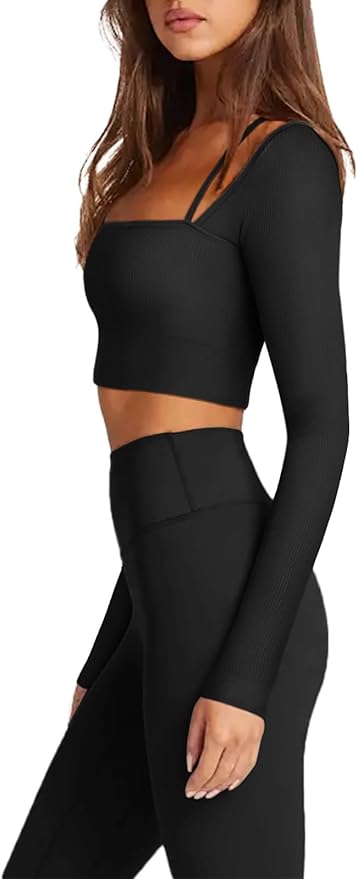 LASLULU Womens Sexy Square Neck Crop Top Ribbed Seamless Long Sleeve Workout Tops Halter Neck Athletic Yoga