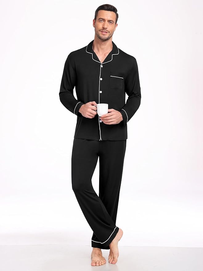 Men Modal Pajama Set Long Sleeve Pjs Button Down Sleepwear Soft Comfy Loungewear Sets 2 Piece Nightwear S-3XL