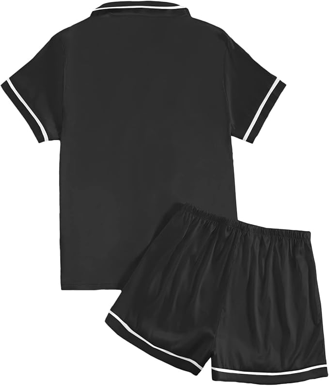 LYANER Women's Satin Silky Short Sleeve Button Shirt Sleepwear 2Piece Pajama Set