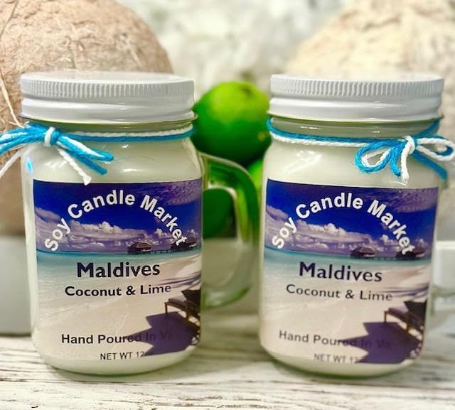 Soy Scented Candles | Handmade & Highly Aromatic Candles Burns Upto 85 Hours in Glass Jar - Perfect for Home Decor, Wedding, Birthday, Dinner (Coconut & Lime) (Maldives, 16 oz)