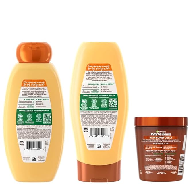 Garnier Whole Blends Honey Treasures Repairing Shampoo (22 Fl), Conditioner (22 Fl) + Defining Wavy & Curly Hair Jelly (13.5 Fl) (4 Items), Bundle
