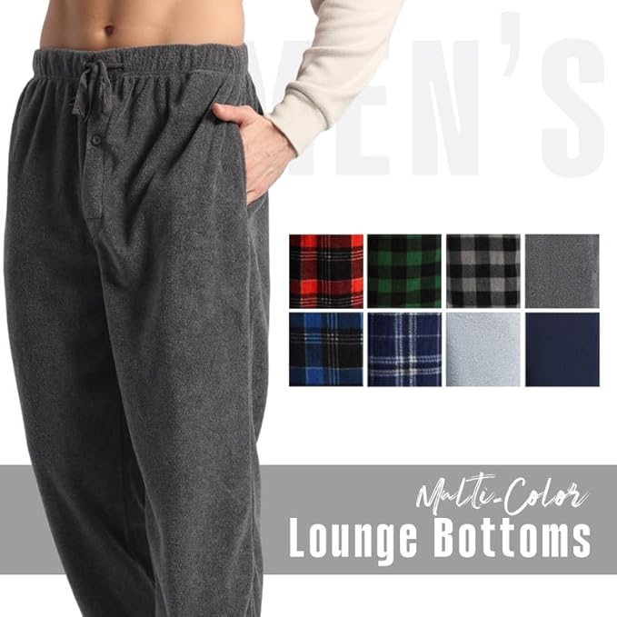 3 Pack Men's Fleece Pajama Pants Bottoms– Lounge Sleepwear Plaid PJs with Pockets and Button Fly