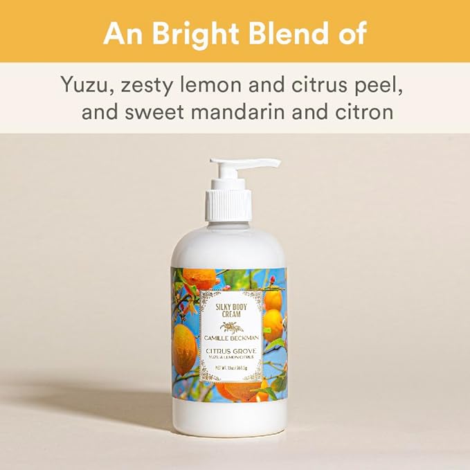 Camille Beckman Citrus Grove Scented Silky Body Cream, Daily Moisturizer for All Skin Types, Non-Greasy Vegan Formula to Nourish and Soften Hands and Body, 13 Ounce