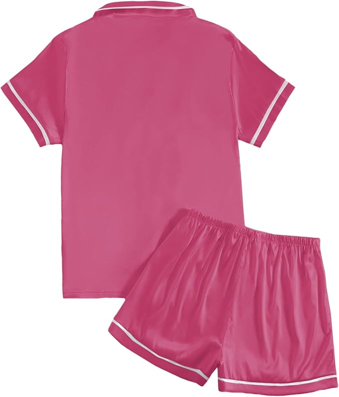 LYANER Women's Satin Silky Short Sleeve Button Shirt Sleepwear 2Piece Pajama Set