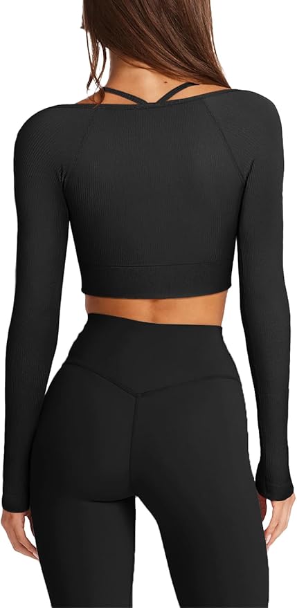 LASLULU Womens Sexy Square Neck Crop Top Ribbed Seamless Long Sleeve Workout Tops Halter Neck Athletic Yoga