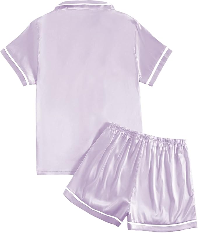 LYANER Women's Satin Silky Short Sleeve Button Shirt Sleepwear 2Piece Pajama Set