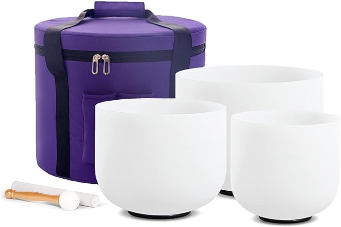 Hye-eun 3pcs 6"G 8"F 10"C Frosted Quartz Crystal Singing Bowl Set 432hz with Free Carry Bag Mallets & Rubber for Sound Healing Bath Keep Balance Therapy Meditation Yoga