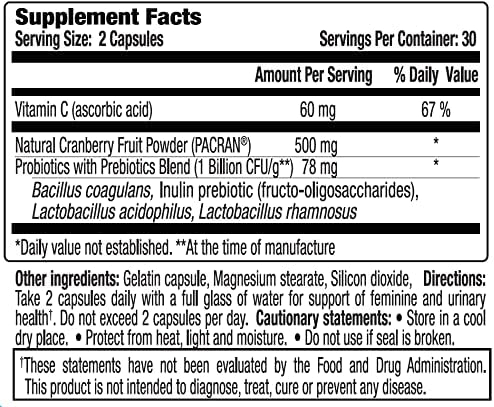 vH Essentials Probiotics for Women with Prebiotics, Cranberry & Vitamin C - 60 Capsules (30 Day Supply) - Women's Probiotics Support Gut Balance, Feminine Health & Urinary Tract Health for Women