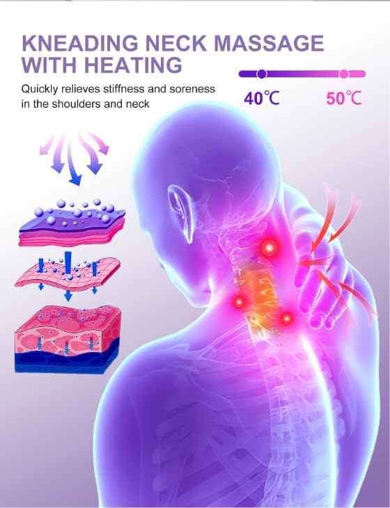 Shiatsu Neck Massager with Heat, Electric Deep Tissue Kneading Massage Pillow with 10 Minute Timer for Full Body Muscle Pain Relief, Cordless Portable Cervical Traction Device (Purple)