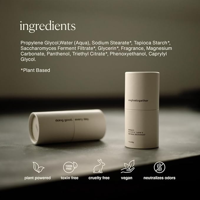 evolvetogether Aluminum Free Natural Deodorant for Women & Men | Mandarin, Oud & Patchouli | Neutralizes Odors, Soothes Skin | Vegan, Cruelty-Free, Baking Soda Free | Made in USA (Monaco, 1.69 Oz)