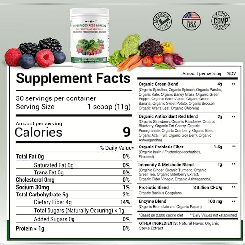 Superfood Reds & Greens Powder - 11.64 oz (Pack of 2), Prebiotics & Probiotics for Digestive Health, Super Greens Powder with Ashwagandha, Antioxidants, Vegan, Non-GMO