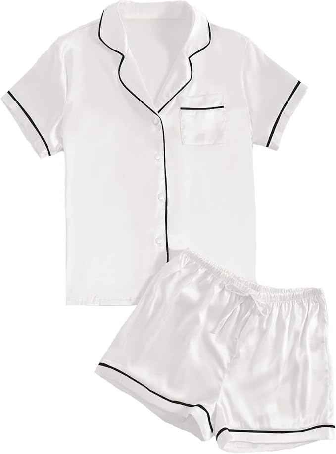 LYANER Women's Satin Silky Short Sleeve Button Shirt Sleepwear 2Piece Pajama Set
