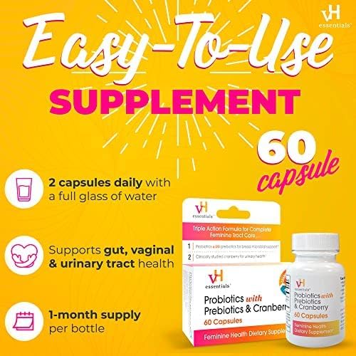 vH Essentials Probiotics for Women with Prebiotics, Cranberry & Vitamin C - 60 Capsules (30 Day Supply) - Women's Probiotics Support Gut Balance, Feminine Health & Urinary Tract Health for Women