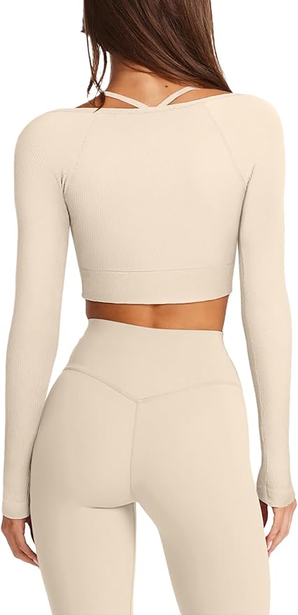 LASLULU Womens Sexy Square Neck Crop Top Ribbed Seamless Long Sleeve Workout Tops Halter Neck Athletic Yoga