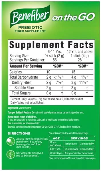 Benefiber On the Go Prebiotic Fiber Supplement Powder for Digestive Health, Daily Fiber, Unflavored - 28 Sticks (3.92 Ounces)