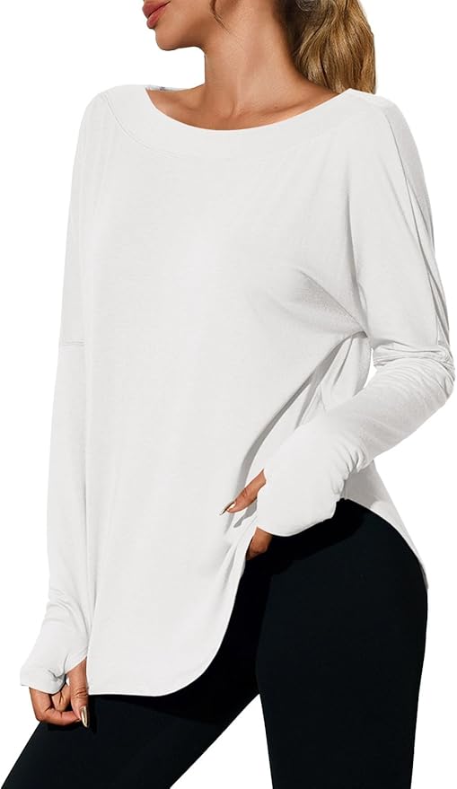 Tankaneo Womens Open Back Workout Shirts Casual Long Sleeve Boat Neck Tops Athletic Gym Yoga Tees with Thumb Holes