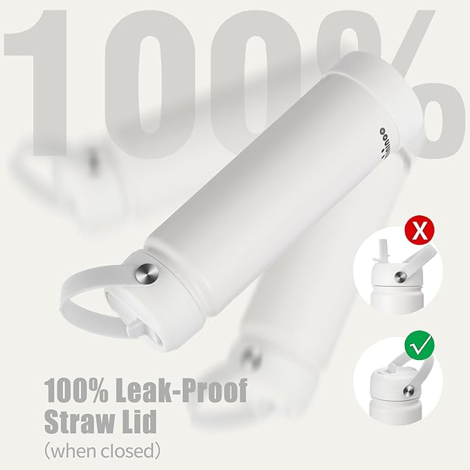 Insulated Stainless Steel Water Bottle with Straw, Ceramic-Lined, BPA-Free & Leak-Proof, 24 oz, White
