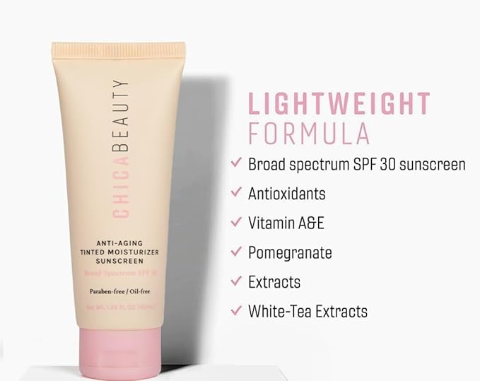 CHICA BEAUTY 3 in 1 Tinted Face Moisturizer with Anti-Aging Antioxidants, Vitamin A&E, SPF 30 Sunscreen with UVA/UVB Protection - Oil Free, Vegan, Cruelty & Paraben Free, All Skin Types - Medium Shade