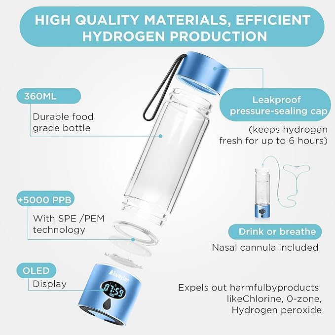Hydrogen Water Bottle - Portable, Rechargeable, LED Timer,3 Work Mode, Aluminum and Glass,360ML,Hydrogen Water Ionizer Machine with PEM/SPE Technology, Suitable for Office,Home,Gym Outdoor
