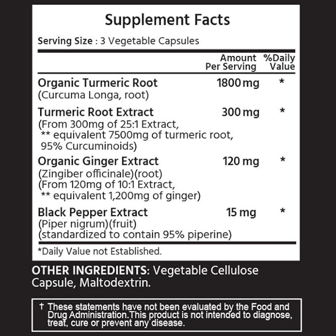 ML Naturals Turmeric Curcumin 90 Vegetable Capsules Organic Turmeric 1,800 mg. Turmeric Root 7,500 mg Equivalent - 300 mg of 25:1 Extract. NSF-Certified & cGMP-Compliant,Third-Party Lab Tested