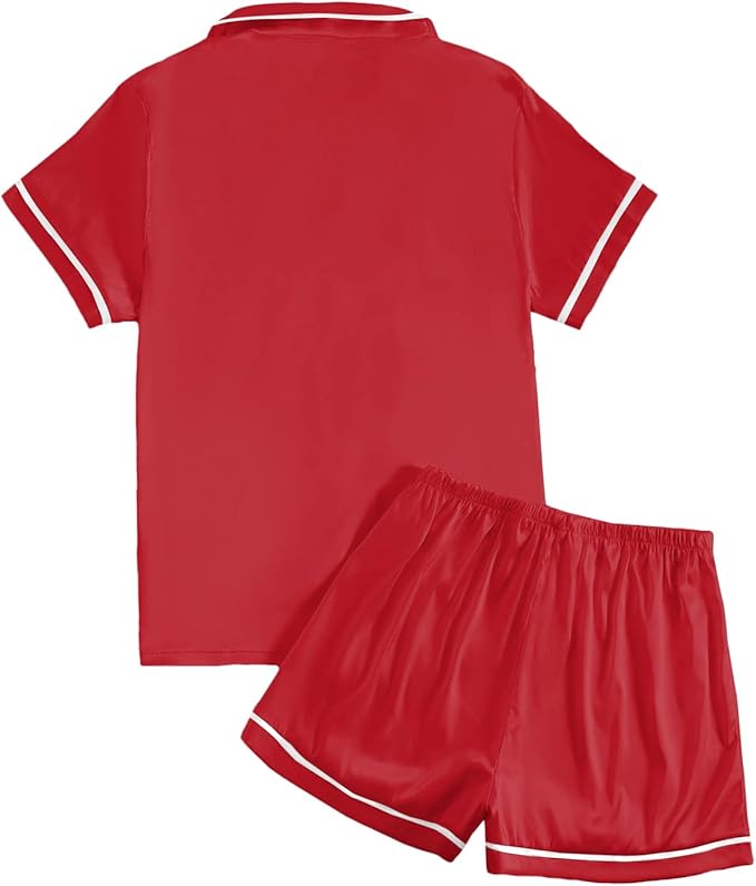 LYANER Women's Satin Silky Short Sleeve Button Shirt Sleepwear 2Piece Pajama Set