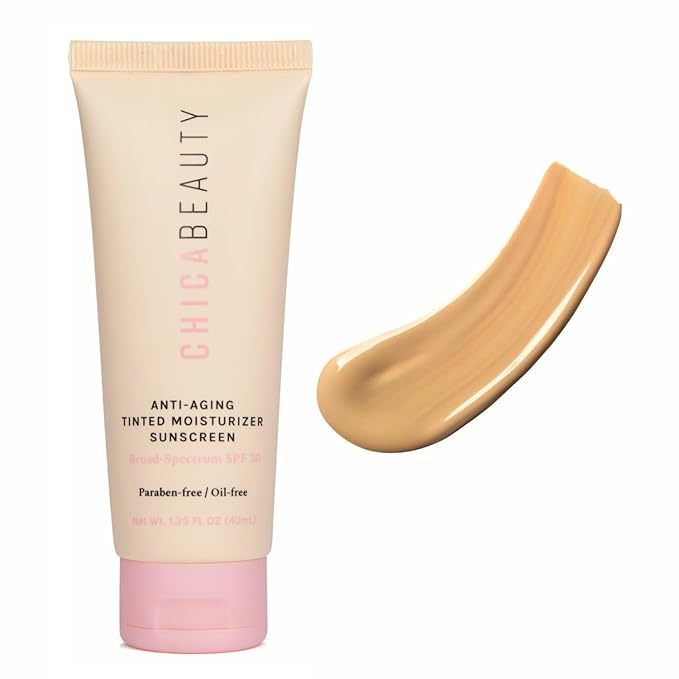 CHICA BEAUTY 3 in 1 Tinted Face Moisturizer with Anti-Aging Antioxidants, Vitamin A&E, SPF 30 Sunscreen with UVA/UVB Protection - Oil Free, Vegan, Cruelty & Paraben Free, All Skin Types - Medium Shade