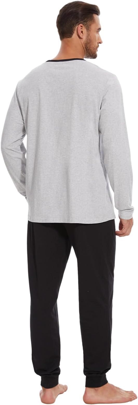 Men's Pajama Set with Henley Neckline 100% Cotton Soft and Comfortable Nightwear 2-Piece Lounge Set