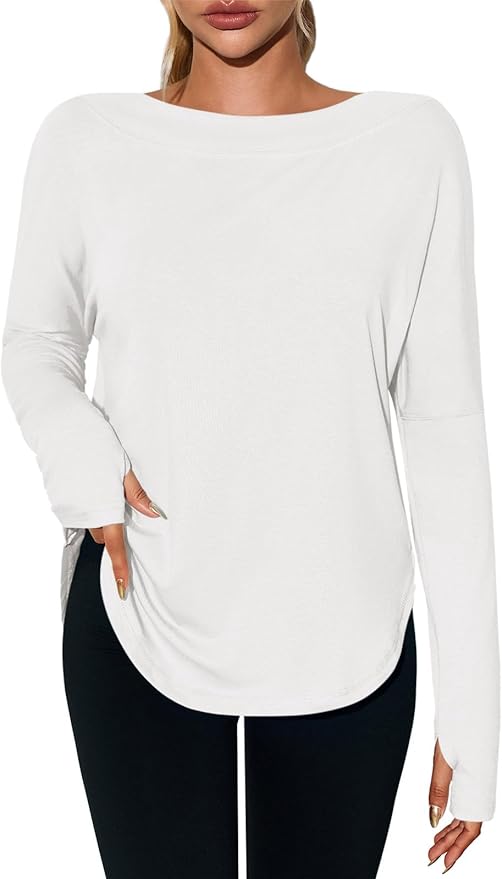 Tankaneo Womens Open Back Workout Shirts Casual Long Sleeve Boat Neck Tops Athletic Gym Yoga Tees with Thumb Holes